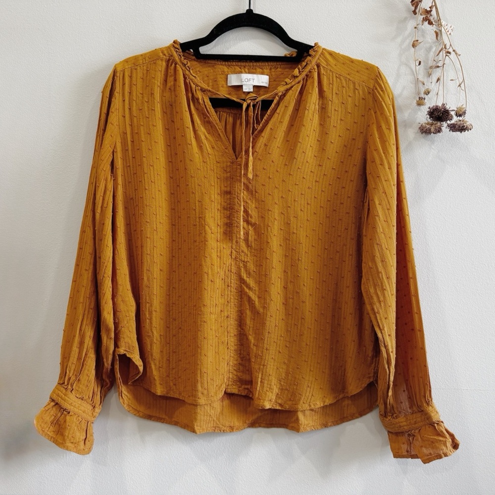 LOFT Yellow Blouse with Tie Front and Long Sleeves